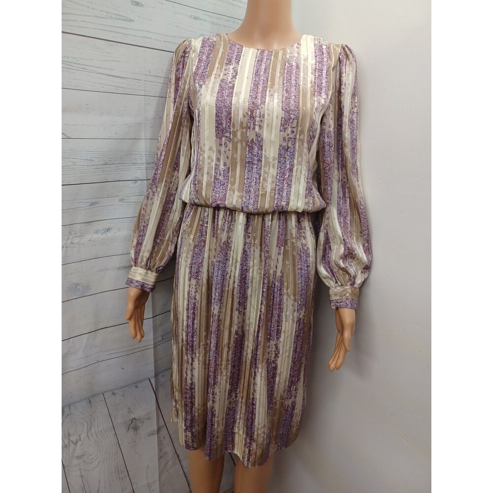 Vtg Warren Dress Striped Silky Long Sleeves Secretary Petite Sz 4 / 4P
